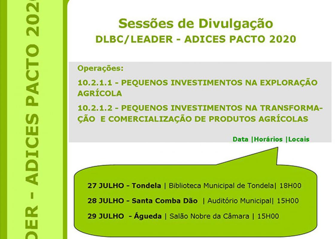 Sessões de Divulgação/Esclarecimento - Candidaturas Abertas no âmbito do DLBC/LEADER - ADICES PACTO 2020